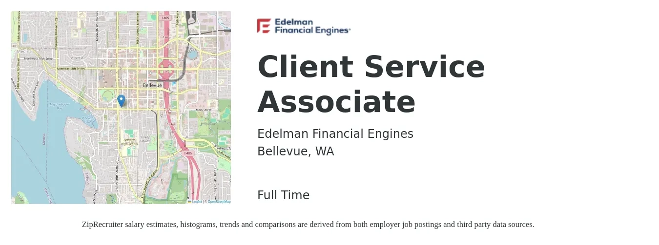 Edelman Financial Engines job posting for a Client Service Associate in Bellevue, WA with a salary of $16 to $22 Hourly with a map of Bellevue location.