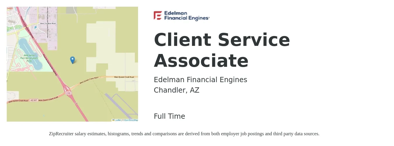 Edelman Financial Engines job posting for a Client Service Associate in Chandler, AZ with a salary of $14 to $20 Hourly with a map of Chandler location.