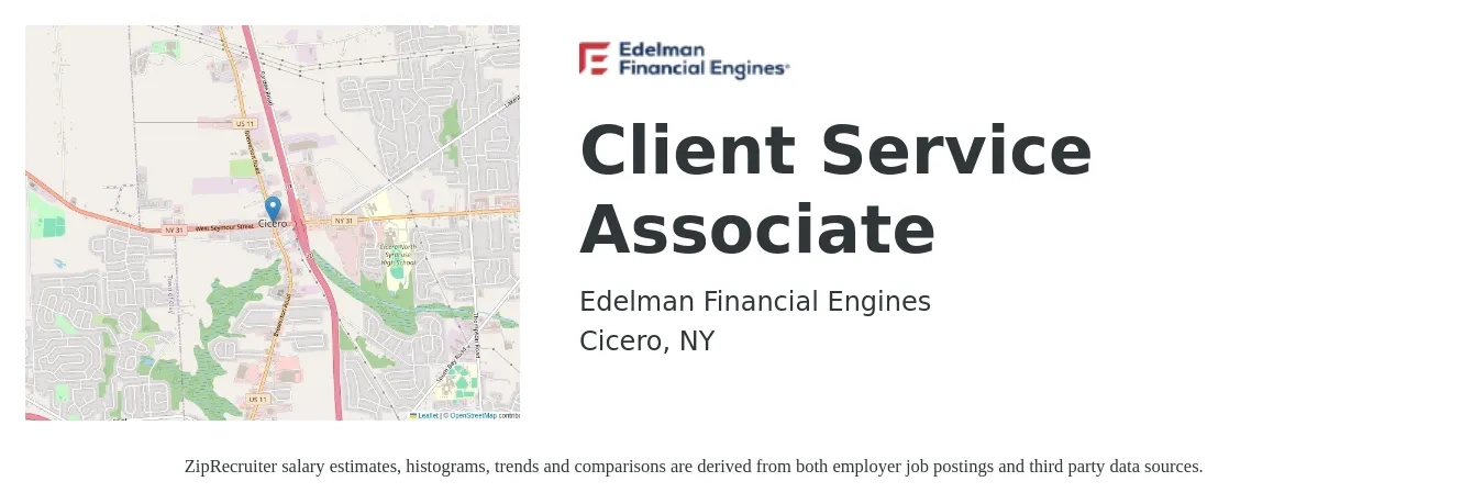Edelman Financial Engines job posting for a Client Service Associate in Cicero, NY with a salary of $14 to $19 Hourly with a map of Cicero location.