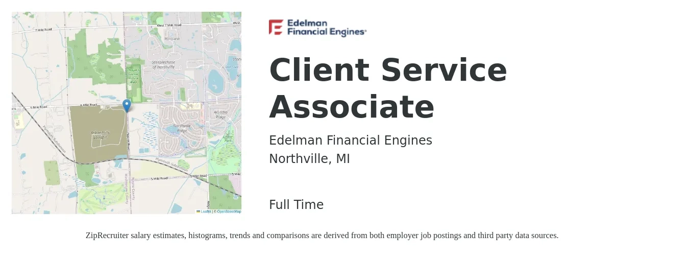 Edelman Financial Engines job posting for a Client Service Associate in Northville, MI with a salary of $14 to $19 Hourly with a map of Northville location.