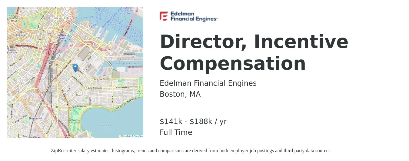 Edelman Financial Engines job posting for a Director, Incentive Compensation in Boston, MA with a salary of $141,000 to $188,000 Yearly with a map of Boston location.