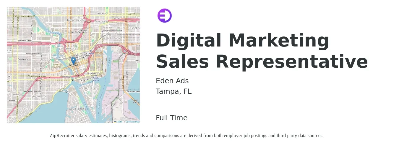 Eden Ads job posting for a Digital Marketing Sales Representative in Tampa, FL with a salary of $38,700 to $52,000 Yearly with a map of Tampa location.