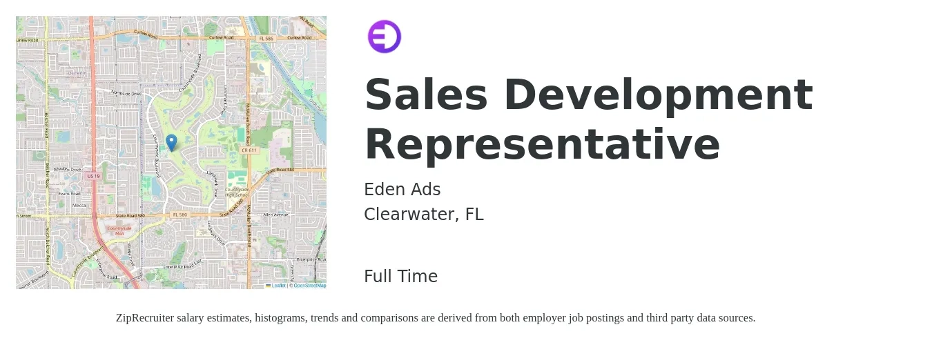 Eden Ads job posting for a Sales Development Representative in Clearwater, FL with a salary of $38,700 to $56,200 Yearly with a map of Clearwater location.