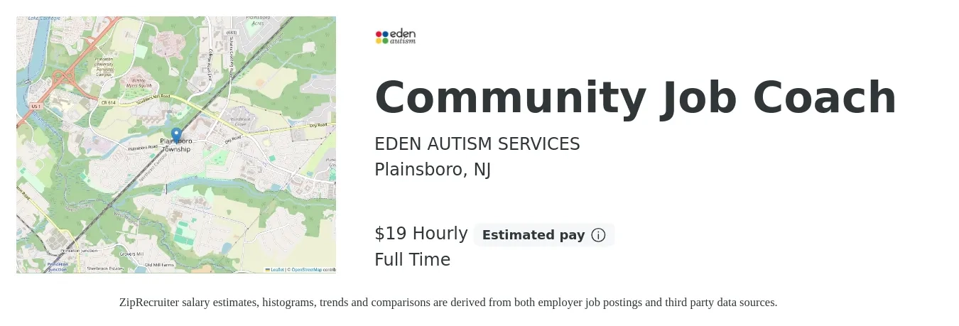 EDEN AUTISM SERVICES job posting for a Community Job Coach in Plainsboro, NJ with a salary of $20 to $20 Hourly with a map of Plainsboro location.