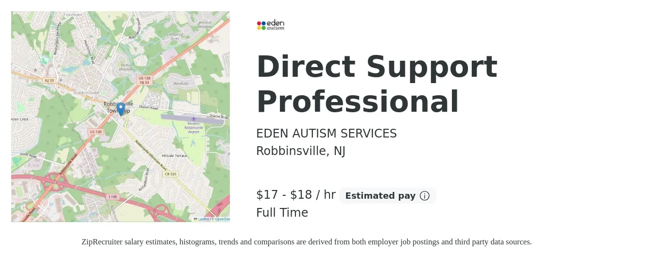 EDEN AUTISM SERVICES job posting for a Direct Support Professional in Robbinsville, NJ with a salary of $18 to $19 Hourly with a map of Robbinsville location.