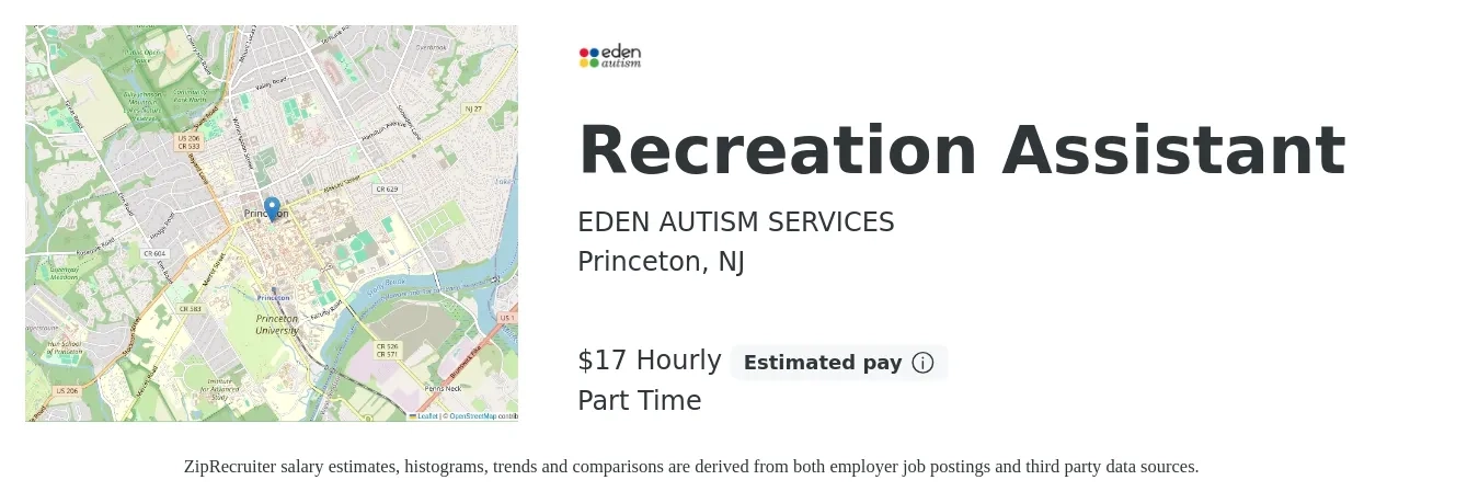 EDEN AUTISM SERVICES job posting for a Recreation Assistant in Princeton, NJ with a salary of $18 Hourly with a map of Princeton location.