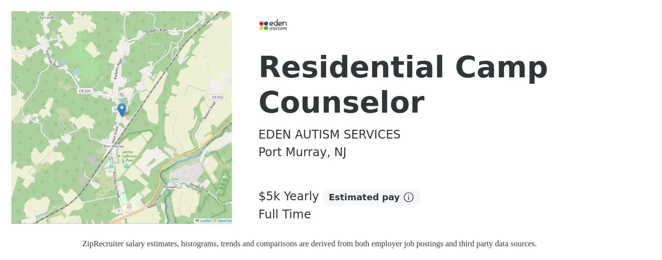 EDEN AUTISM SERVICES job posting for a Residential Camp Counselor in Port Murray, NJ with a salary of $5,000 Yearly with a map of Port Murray location.