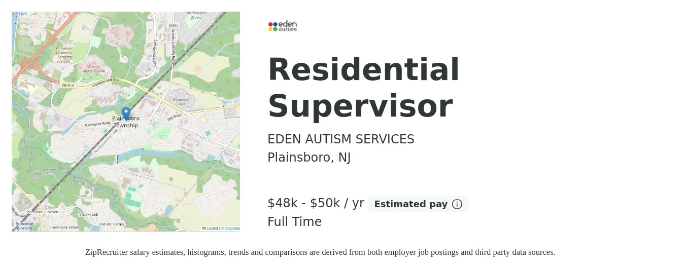EDEN AUTISM SERVICES job posting for a Residential Supervisor in Plainsboro, NJ with a salary of $48,500 to $50,000 Yearly with a map of Plainsboro location.