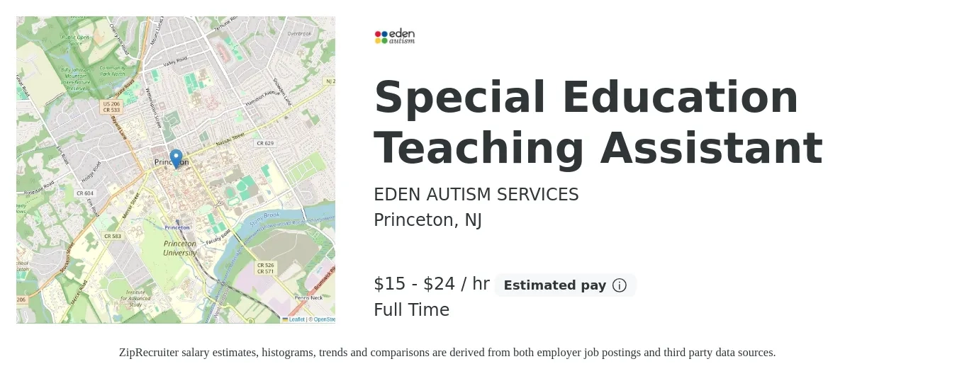 EDEN AUTISM SERVICES job posting for a Special Education Teaching Assistant in Princeton, NJ with a salary of $16 to $25 Hourly with a map of Princeton location.