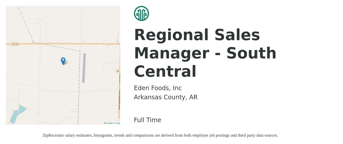Eden Foods, Inc job posting for a Regional Sales Manager - South Central in Arkansas County, AR with a salary of $66,200 to $103,500 Yearly with a map of Arkansas County location.
