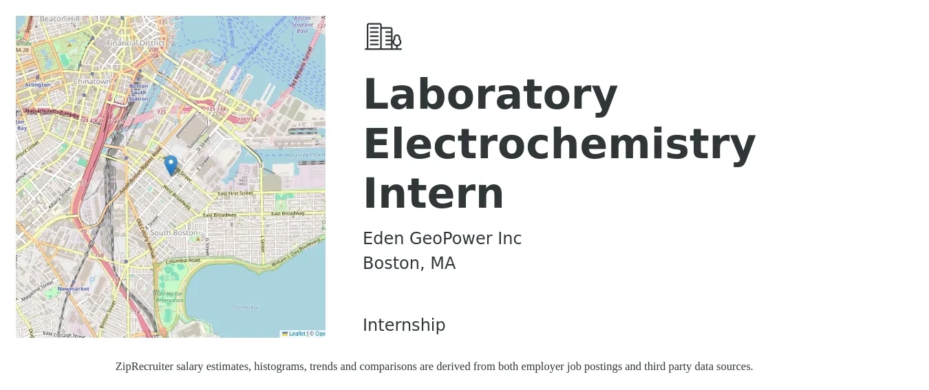 Eden GeoPower Inc job posting for a Laboratory Electrochemistry Intern in Boston, MA with a salary of $3,260 to $8,150 Monthly with a map of Boston location.
