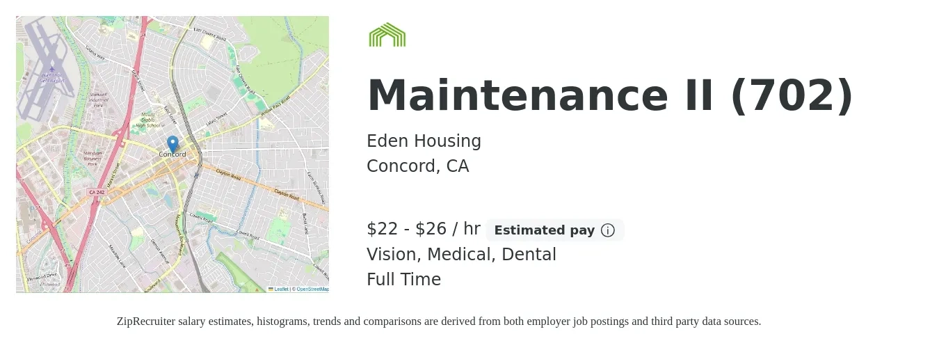 Eden Housing job posting for a Maintenance II (702) in Concord, CA with a salary of $24 to $28 Hourly and benefits including medical, pto, retirement, vision, dental, and life_insurance with a map of Concord location.