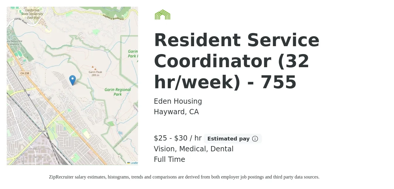 Eden Housing job posting for a Resident Service Coordinator (32 hr/week) - 755 in Hayward, CA with a salary of $27 to $31 Hourly and benefits including dental, life_insurance, medical, pto, retirement, and vision with a map of Hayward location.