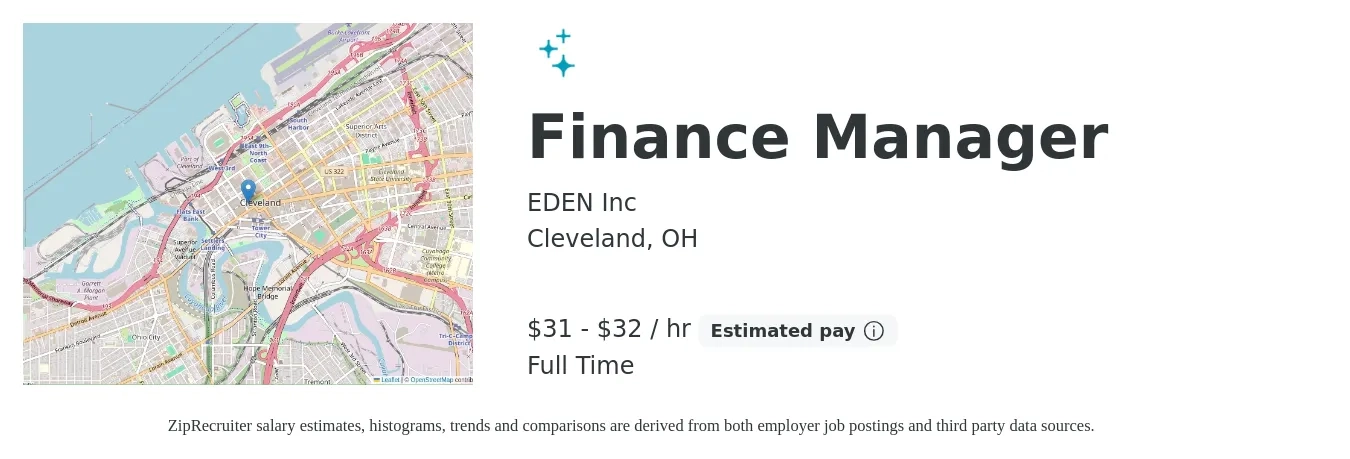 EDEN Inc job posting for a Finance Manager in Cleveland, OH with a salary of $68,000 to $70,000 Yearly with a map of Cleveland location.