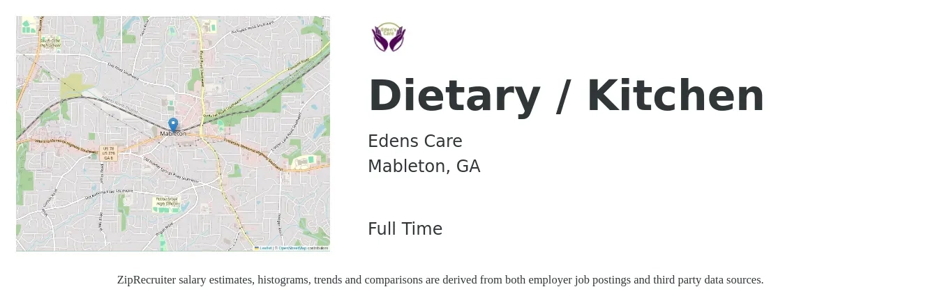 Edens Care job posting for a Dietary / Kitchen in Mableton, GA with a salary of $12 to $16 Hourly with a map of Mableton location.