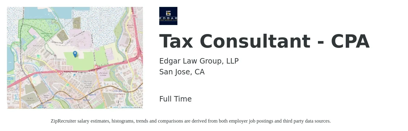 Edgar Law Group, LLP job posting for a Tax Consultant - Cpa in San Jose, CA with a salary of $100,000 Yearly with a map of San Jose location.