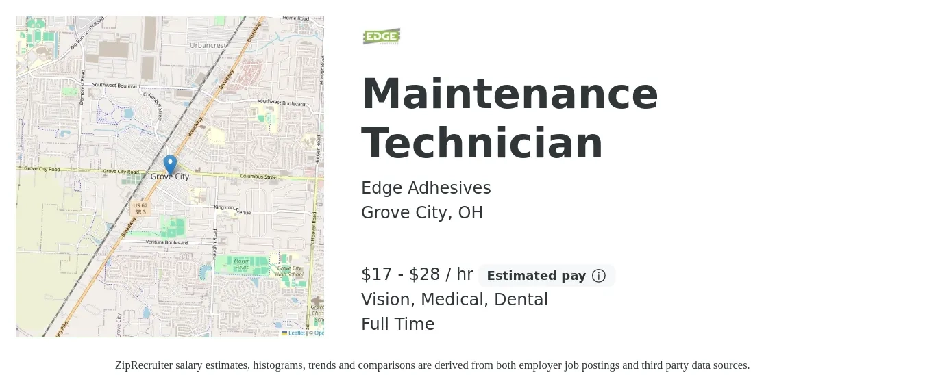 Edge Adhesives job posting for a Maintenance Technician in Grove City, OH with a salary of $18 to $30 Hourly and benefits including medical, retirement, vision, dental, and life_insurance with a map of Grove City location.