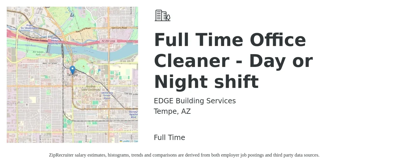 EDGE Building Services job posting for a Full Time Office Cleaner - Day or Night shift in Tempe, AZ with a salary of $14 to $16 Hourly with a map of Tempe location.