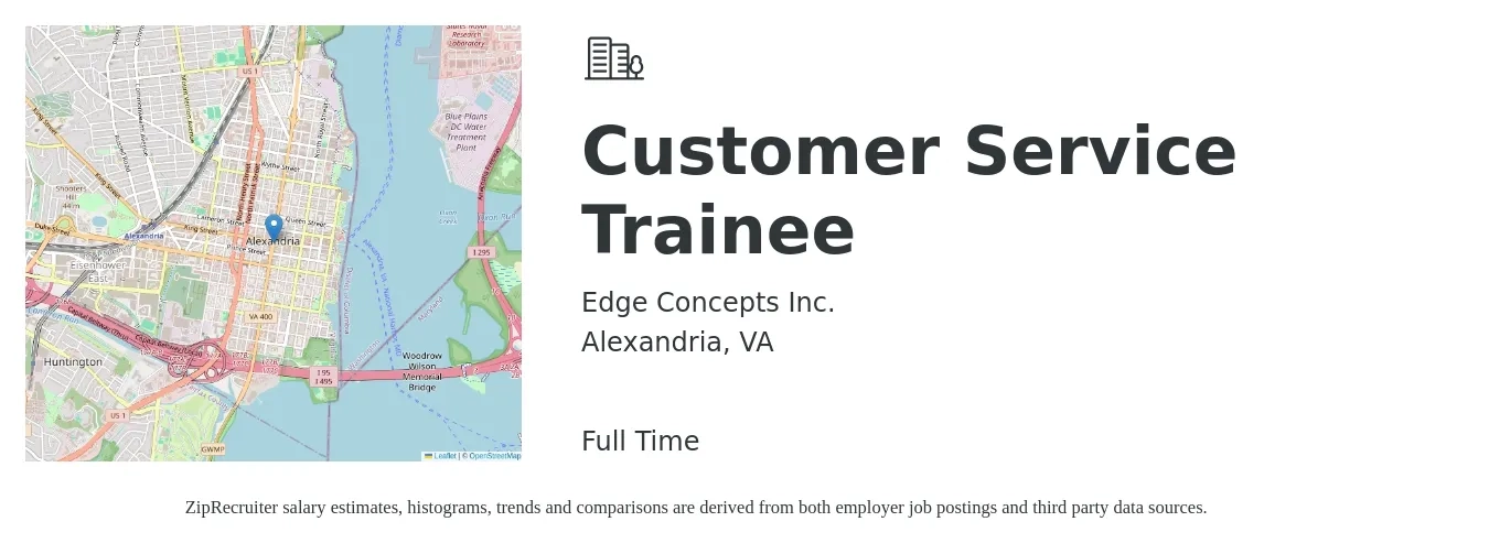 Edge Concepts Inc. job posting for a Customer Service Trainee in Alexandria, VA with a salary of $17 to $23 Hourly with a map of Alexandria location.