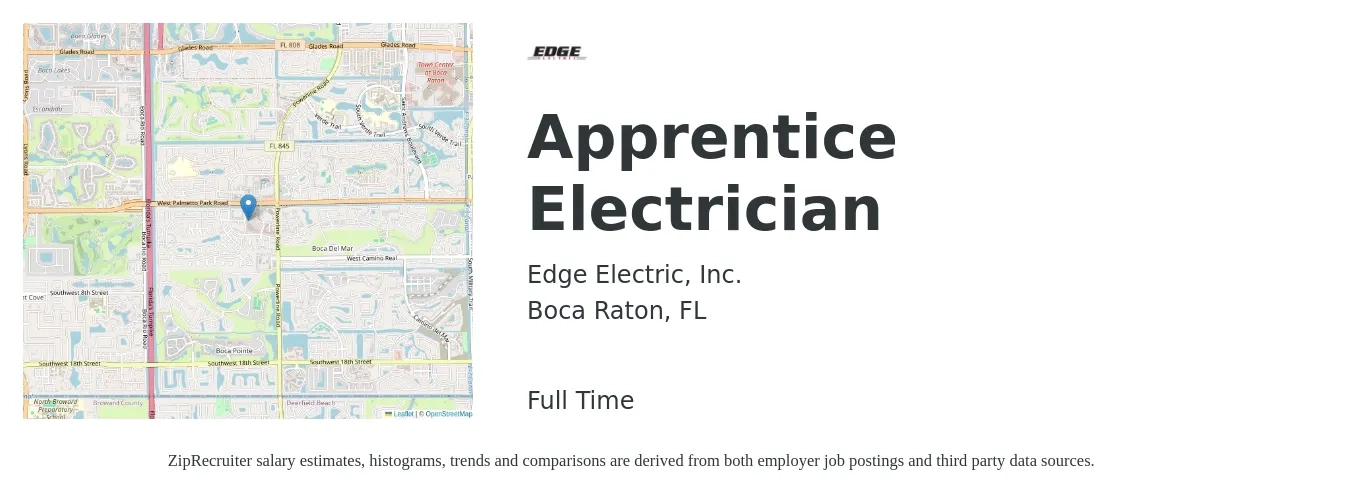 Edge Electric, Inc. job posting for a Apprentice Electrician in Boca Raton, FL with a salary of $18 to $24 Hourly with a map of Boca Raton location.