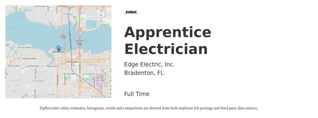 Edge Electric, Inc. job posting for a Apprentice Electrician in Bradenton, FL with a salary of $17 to $24 Hourly with a map of Bradenton location.