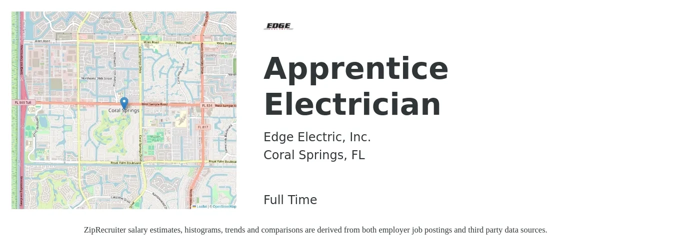 Edge Electric, Inc. job posting for a Apprentice Electrician in Coral Springs, FL with a salary of $18 to $25 Hourly with a map of Coral Springs location.
