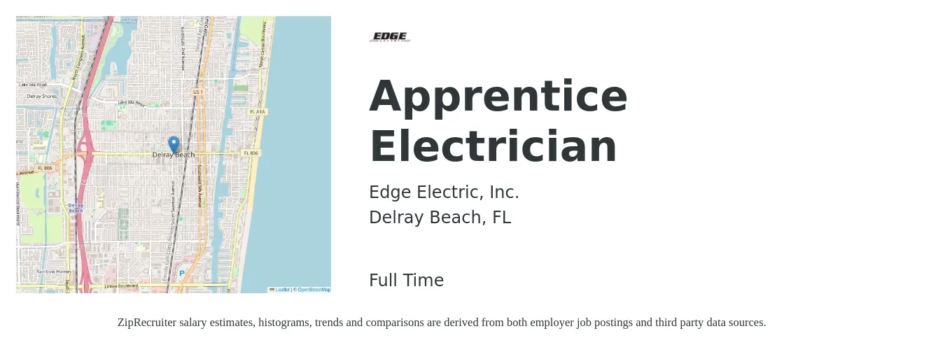 Edge Electric, Inc. job posting for a Apprentice Electrician in Delray Beach, FL with a salary of $18 to $24 Hourly with a map of Delray Beach location.