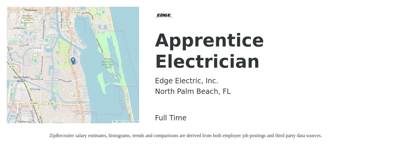 Edge Electric, Inc. job posting for a Apprentice Electrician in North Palm Beach, FL with a salary of $19 to $26 Hourly with a map of North Palm Beach location.