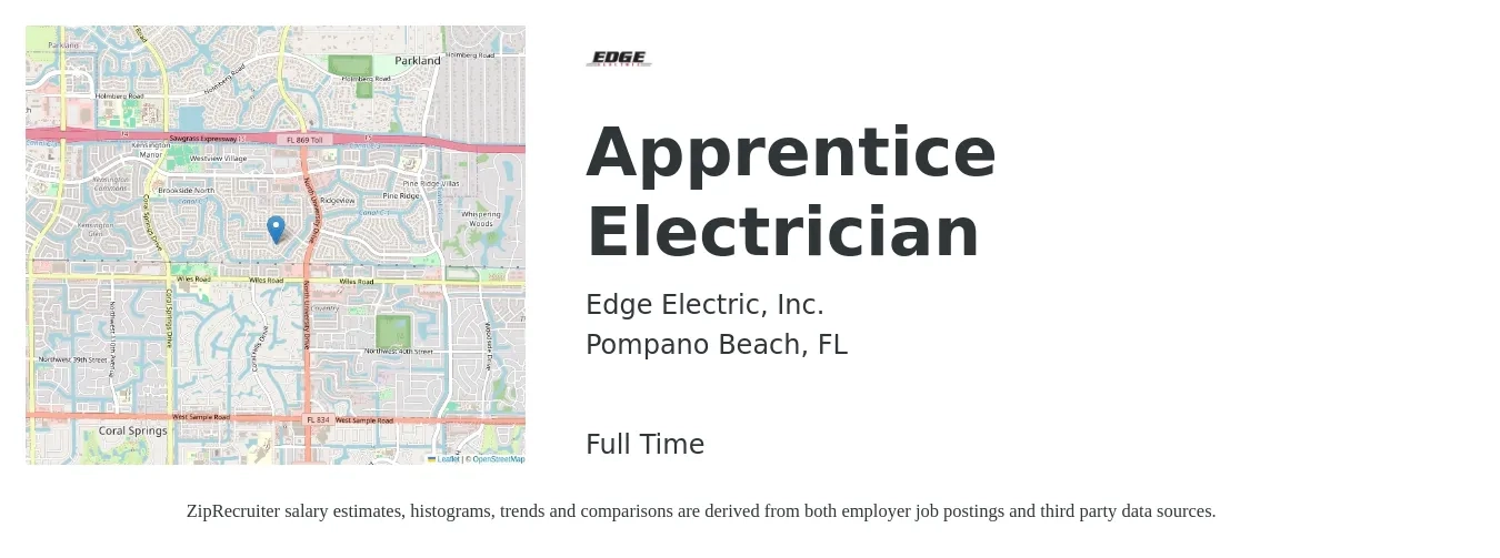 Edge Electric, Inc. job posting for a Apprentice Electrician in Pompano Beach, FL with a salary of $18 to $25 Hourly with a map of Pompano Beach location.