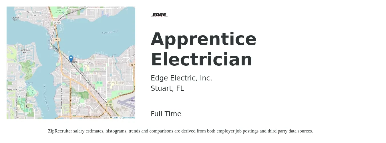 Edge Electric, Inc. job posting for a Apprentice Electrician in Stuart, FL with a salary of $16 to $22 Hourly with a map of Stuart location.