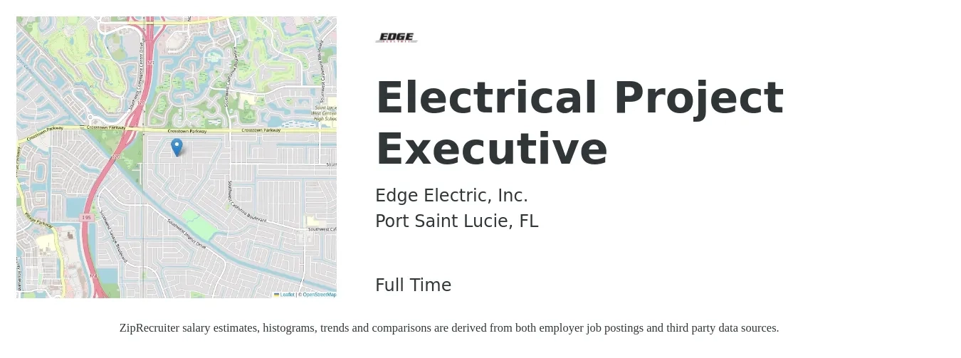Edge Electric, Inc. job posting for a Electrical Project Executive in Port Saint Lucie, FL with a salary of $113,300 to $157,300 Yearly with a map of Port Saint Lucie location.