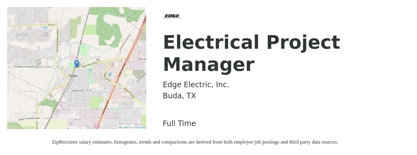 Edge Electric, Inc. job posting for a Electrical Project Manager in Buda, TX with a salary of $80,700 to $114,700 Yearly with a map of Buda location.