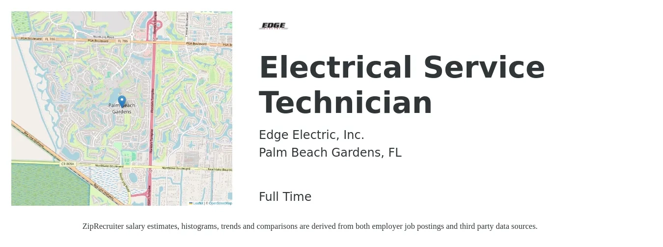 Edge Electric, Inc. job posting for a Electrical Service Technician in Palm Beach Gardens, FL with a salary of $24 to $33 Hourly with a map of Palm Beach Gardens location.