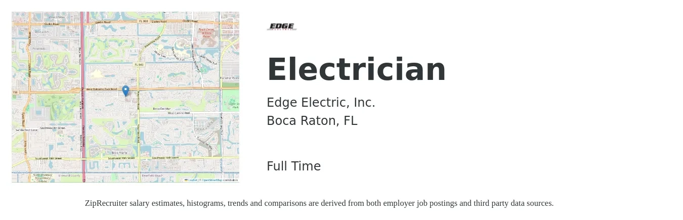 Edge Electric, Inc. job posting for a Electrician in Boca Raton, FL with a salary of $23 to $32 Hourly with a map of Boca Raton location.