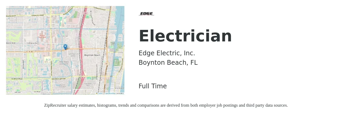 Edge Electric, Inc. job posting for a Electrician in Boynton Beach, FL with a salary of $24 to $32 Hourly with a map of Boynton Beach location.