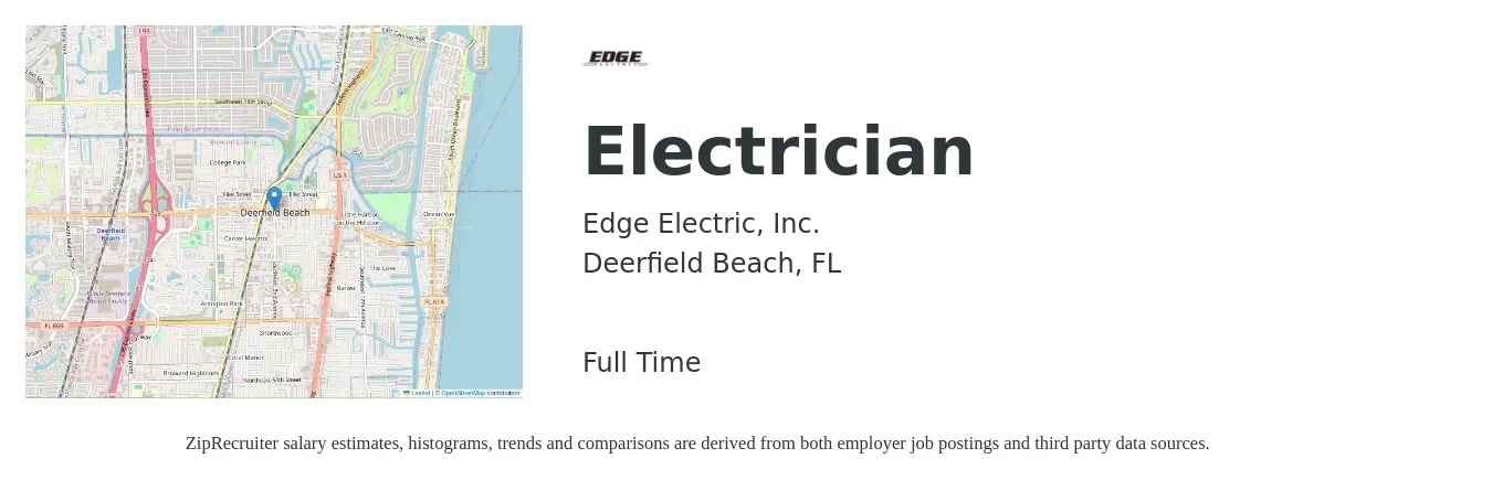 Edge Electric, Inc. job posting for a Electrician in Deerfield Beach, FL with a salary of $24 to $33 Hourly with a map of Deerfield Beach location.