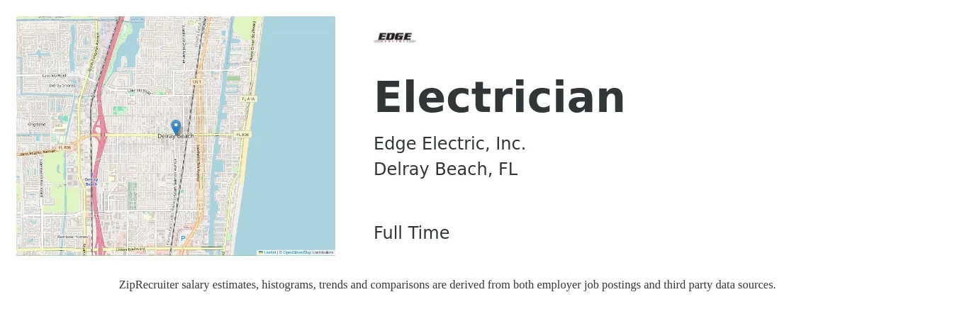 Edge Electric, Inc. job posting for a Electrician in Delray Beach, FL with a salary of $24 to $32 Hourly with a map of Delray Beach location.