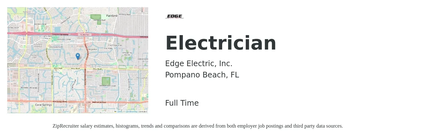 Edge Electric, Inc. job posting for a Electrician in Pompano Beach, FL with a salary of $24 to $32 Hourly with a map of Pompano Beach location.