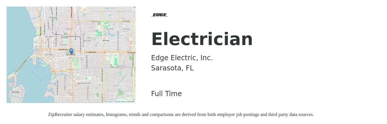 Edge Electric, Inc. job posting for a Electrician in Sarasota, FL with a salary of $23 to $32 Hourly with a map of Sarasota location.