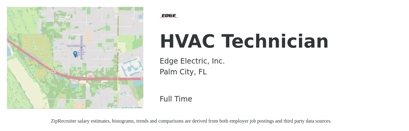 Edge Electric, Inc. job posting for a HVAC Technician in Palm City, FL with a salary of $22 to $31 Hourly with a map of Palm City location.