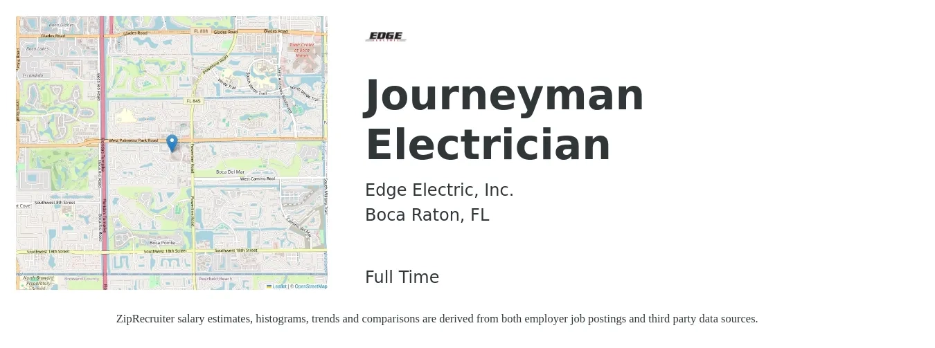Edge Electric, Inc. job posting for a Journeyman Electrician in Boca Raton, FL with a salary of $26 to $35 Hourly with a map of Boca Raton location.