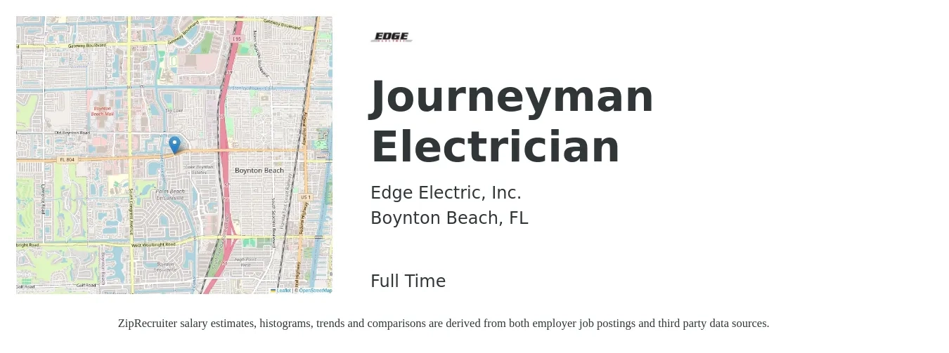 Edge Electric, Inc. job posting for a Journeyman Electrician in Boynton Beach, FL with a salary of $26 to $36 Hourly with a map of Boynton Beach location.