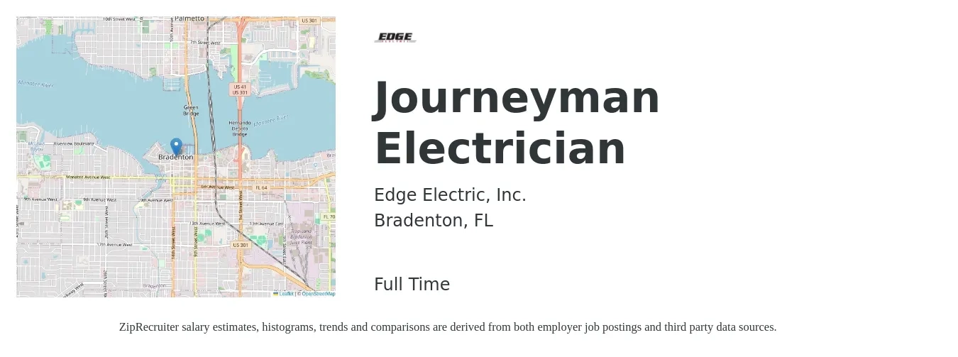 Edge Electric, Inc. job posting for a Journeyman Electrician in Bradenton, FL with a salary of $25 to $34 Hourly with a map of Bradenton location.