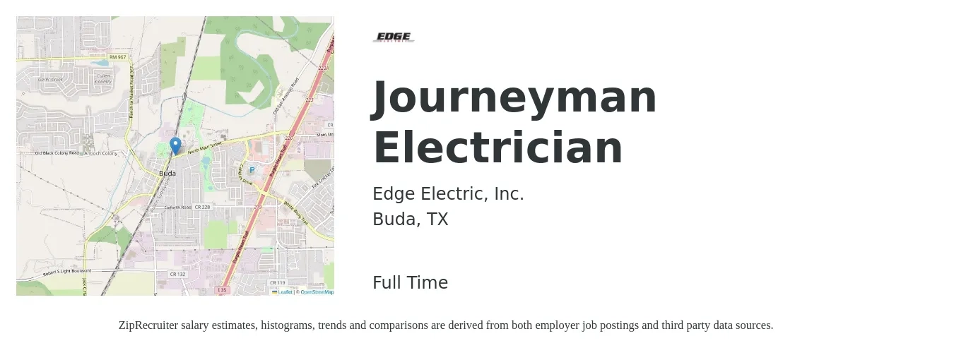 Edge Electric, Inc. job posting for a Journeyman Electrician in Buda, TX with a salary of $26 to $36 Hourly with a map of Buda location.