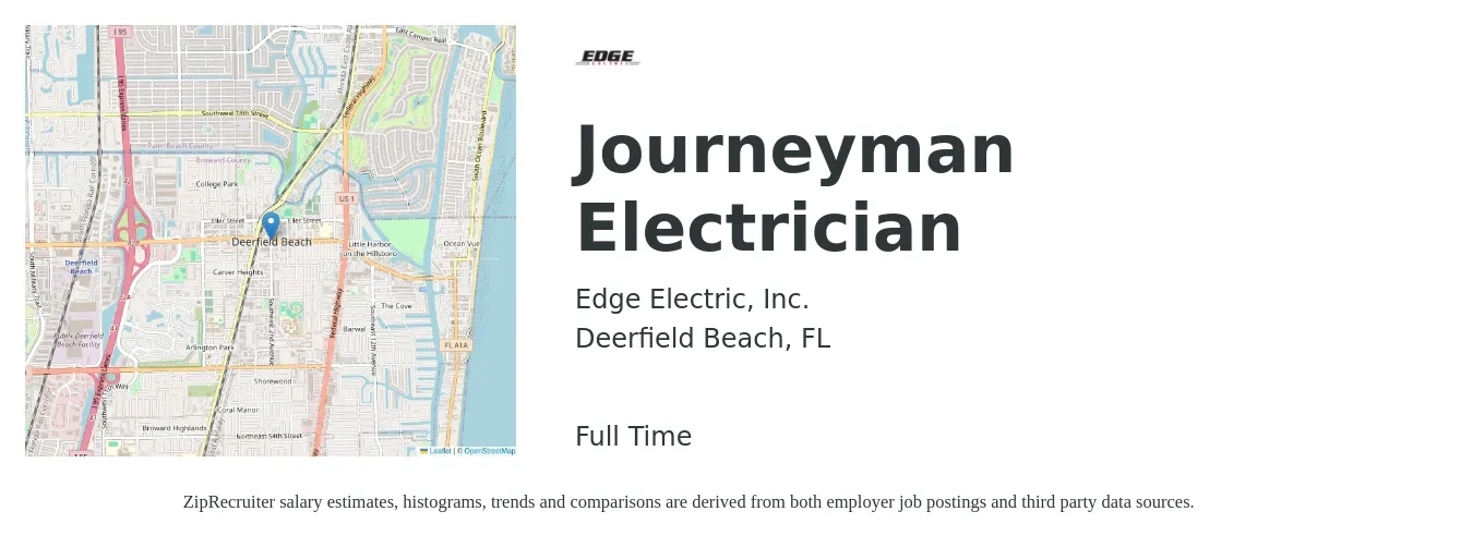 Edge Electric, Inc. job posting for a Journeyman Electrician in Deerfield Beach, FL with a salary of $26 to $36 Hourly with a map of Deerfield Beach location.
