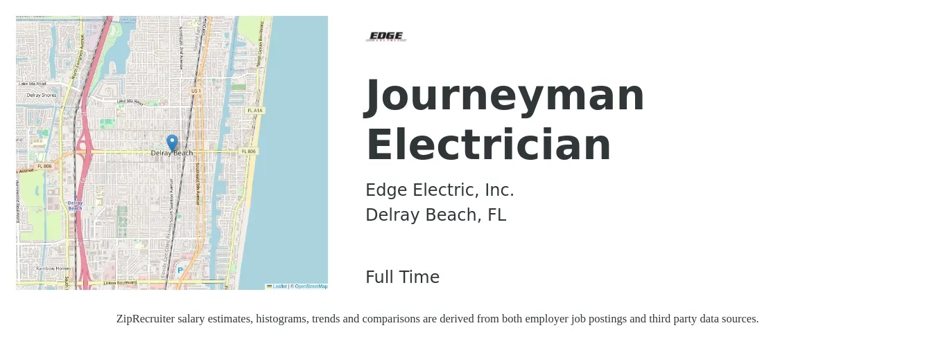 Edge Electric, Inc. job posting for a Journeyman Electrician in Delray Beach, FL with a salary of $26 to $36 Hourly with a map of Delray Beach location.
