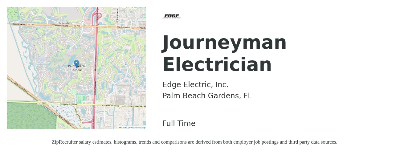 Edge Electric, Inc. job posting for a Journeyman Electrician in Palm Beach Gardens, FL with a salary of $26 to $36 Hourly with a map of Palm Beach Gardens location.