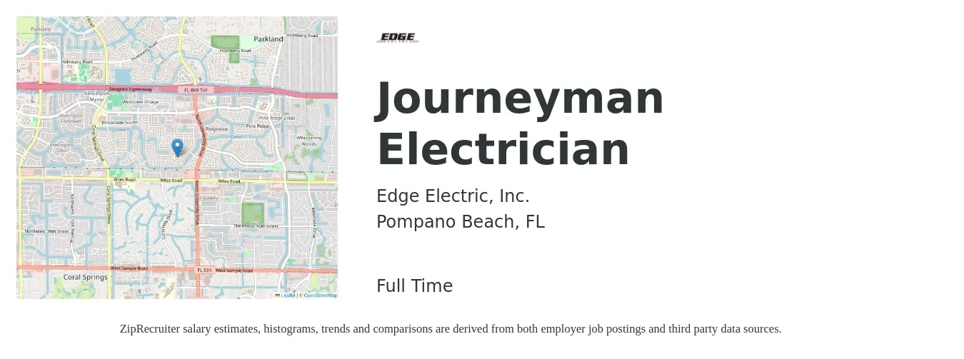 Edge Electric, Inc. job posting for a Journeyman Electrician in Pompano Beach, FL with a salary of $26 to $36 Hourly with a map of Pompano Beach location.