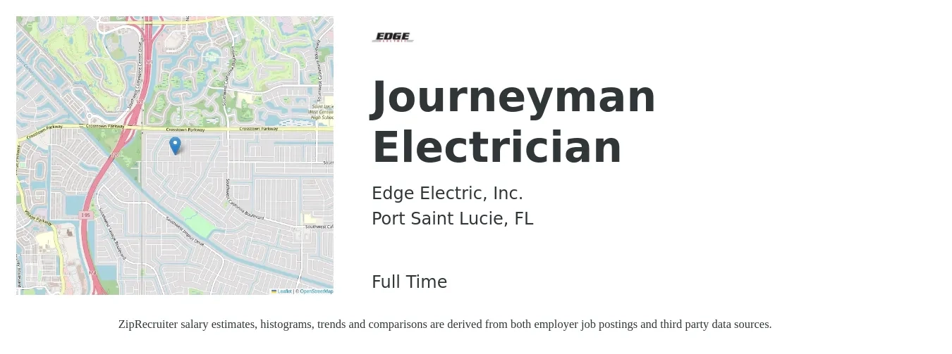 Edge Electric, Inc. job posting for a Journeyman Electrician in Port Saint Lucie, FL with a salary of $24 to $33 Hourly with a map of Port Saint Lucie location.