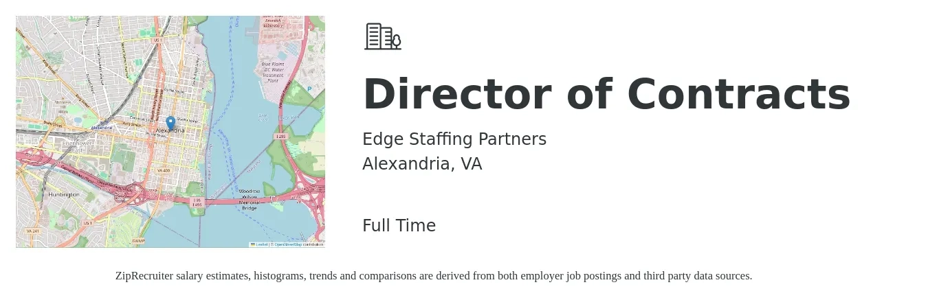 Edge Staffing Partners job posting for a Director of Contracts in Alexandria, VA with a salary of $96,800 to $166,900 Yearly with a map of Alexandria location.